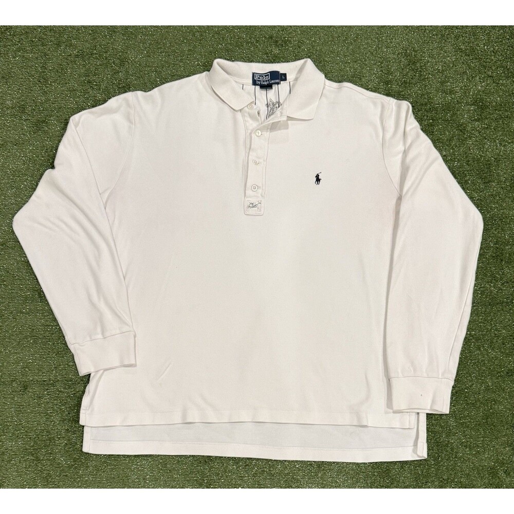 Polo Ralph Lauren Mens L White Long Sleeve Polo Shirt Cotton Pique Pony Golf